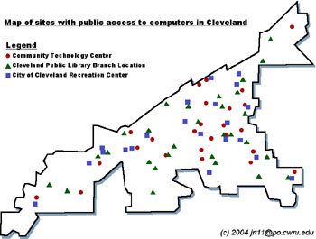 Map of sites with public access to computers in Cleveland