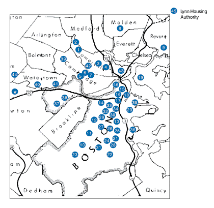 map of location of 
Boston area community technology centers